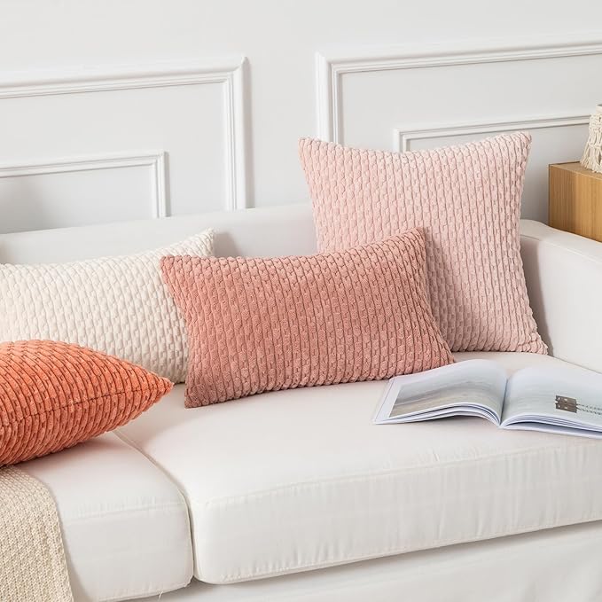 Kevin Textile Throw Pillow Covers Soft Corduroy Decorative Set of 2 Valentines Day Boho Striped Pillow Covers Pillowcases Farmhouse Home Decor for Couch Bed Sofa Living Room 16x16 Inch Baby Pink