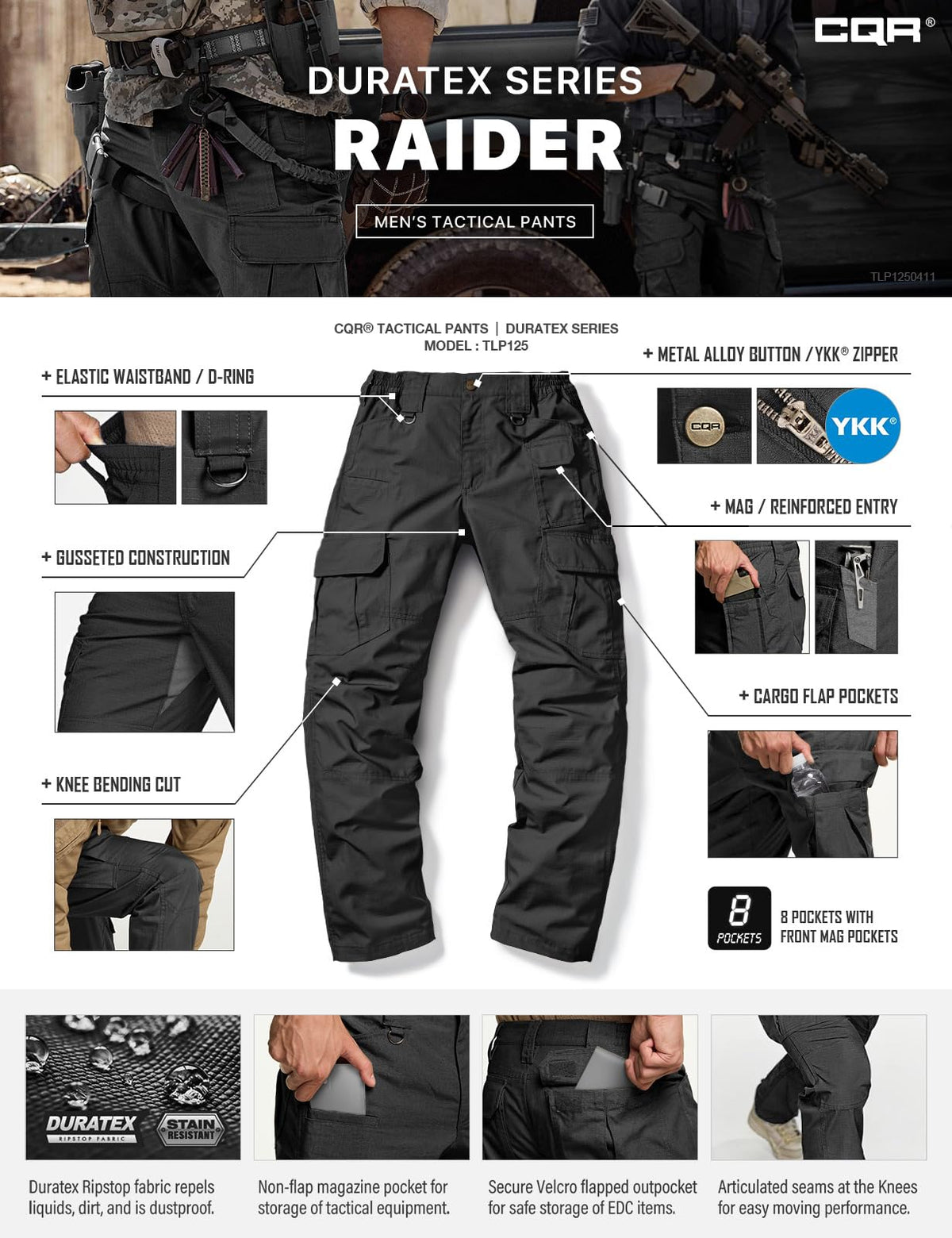 CQR Men's Tactical Pants, Water Resistant Ripstop Cargo Pants, Lightweight EDC Work Hiking Pants, Outdoor Apparel, Duratex Mag Pocket Black, 38W x 34L