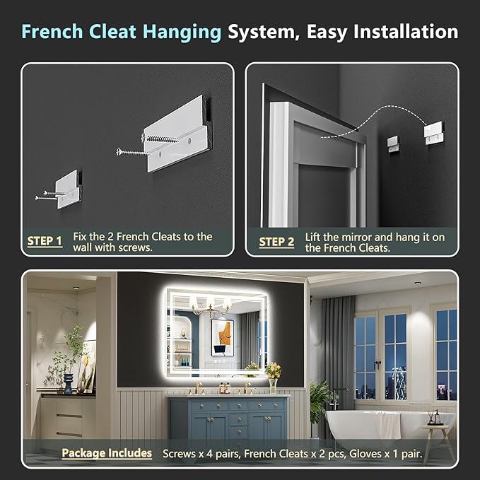 50x36 Inch LED Bathroom Mirror with Lights, Backlit & Front Lit, Anti-Fog Lighted Vanity Mirrors for Bathroom Wall, Dimmable, 3-Color Light, Memory, Shatter-Proof, HD Tempered Glass, CRI >90