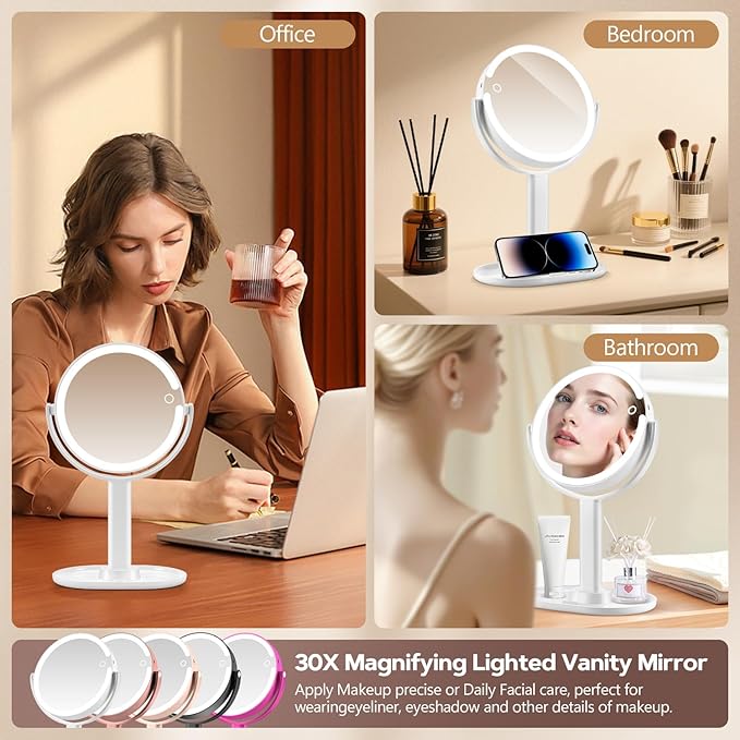 MIYADIVA Makeup Mirror with Lights, 30X Magnifying Mirror with 2-Sided Switch, Vanity Mirror with 3 Colors and Adjustable Brightness, 80 LEDs, Ideal Gift for Daily Makeup and Skincare, 8.8 Inches