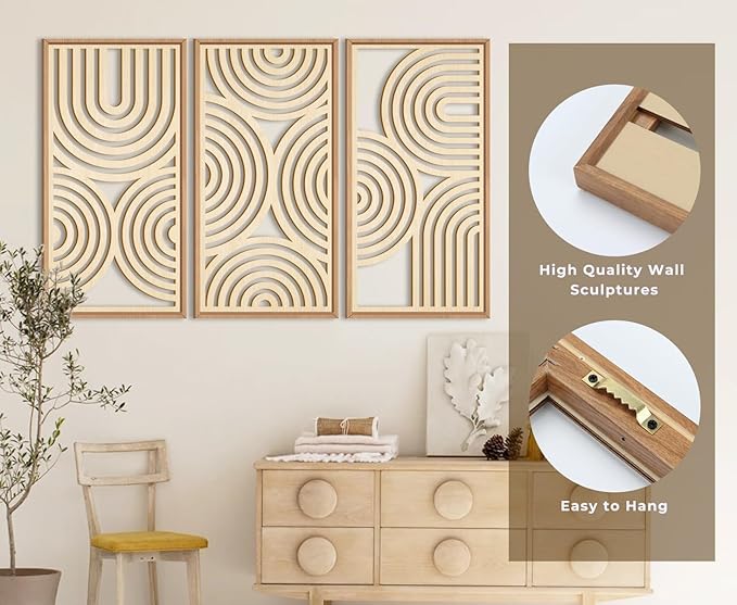IARTTOP Large Boho Wood Wall Art Set of 3 Framed Wooden Mid-century Modern Wall Decor Minimalist Modern Abstract Geometric Decor for Living Room Bedroom Office-16x32 Inch