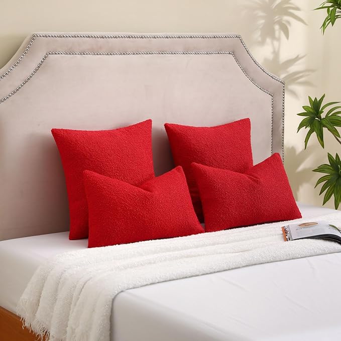 FUTEI Christmas Pack of 2 Red Decorative Throw Pillow Covers 22x22 Inch Soft Cozy Solid Boucle Textured Cushion Case,Modern Home Decor for Couch Bed Living Room
