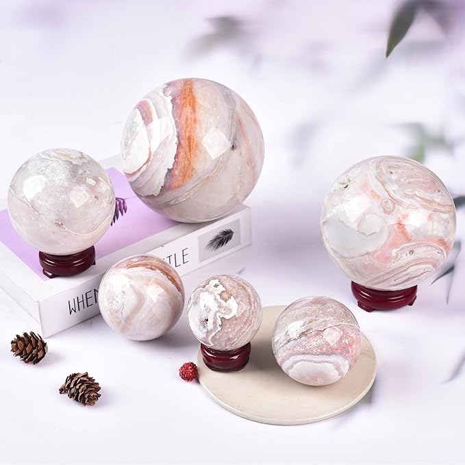 JIC Gem Extra Large Pink Agate Crystal Sphere,Decorative Crystal Ball Pink Gemstone Sphere for Meditation,Office Table Decorations 120-130mm
