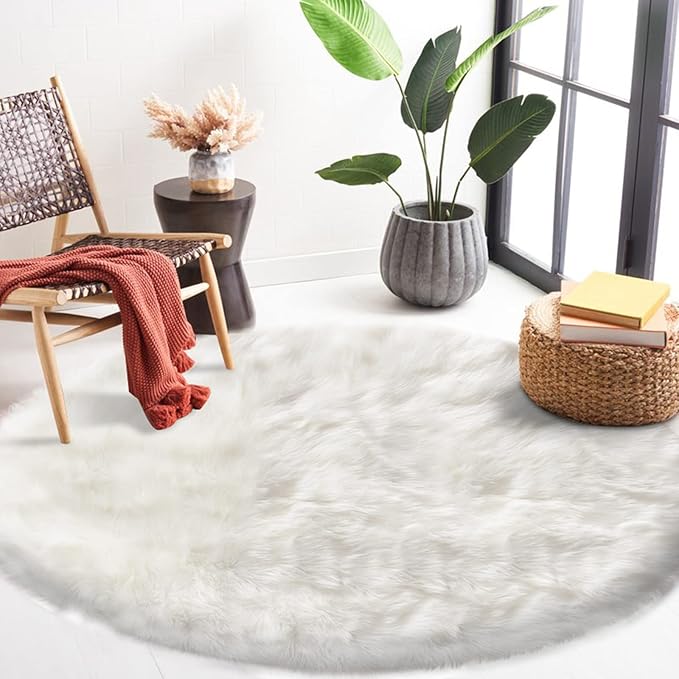 Latepis White Round Rug 5ft Faux Fur Sheepskin Circle Rug for Living Room Fluffy Washable Rug for Bedroom Teen Room Dorm Cute Room Décor