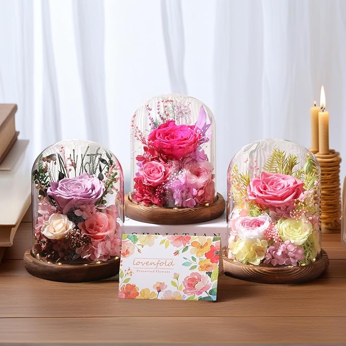 LOVENFOLD Flowers for Delivery Preserved Flowers lilac Roses with LED Light in a Glass Dome,Long Lasting Forever Flowers Birthday Gifts for Women Daughter Mom Wife Friend(lilac Rose)