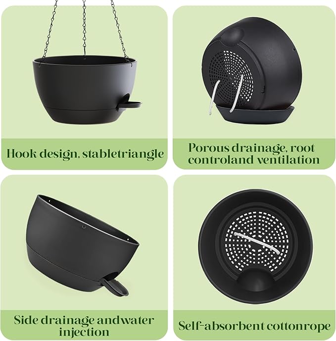10 Inch Hanging Planters with Chains 2 Pack Self Watering Black Plastic Hanging Pots for Indoor Outdoor Plants, Garden Porch Home Decor (Black)