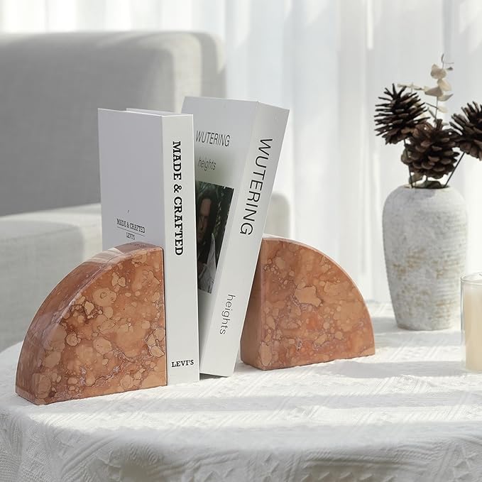 Marble Bookend for Shelves, Non-Skid Bookends for Heavy Books, Heavy Duty Book Stopper for CDs, Luxury Book Shelf Holder, Quarter Circle Design Book Ends Decorative, Perlino Rosato, Set of 2