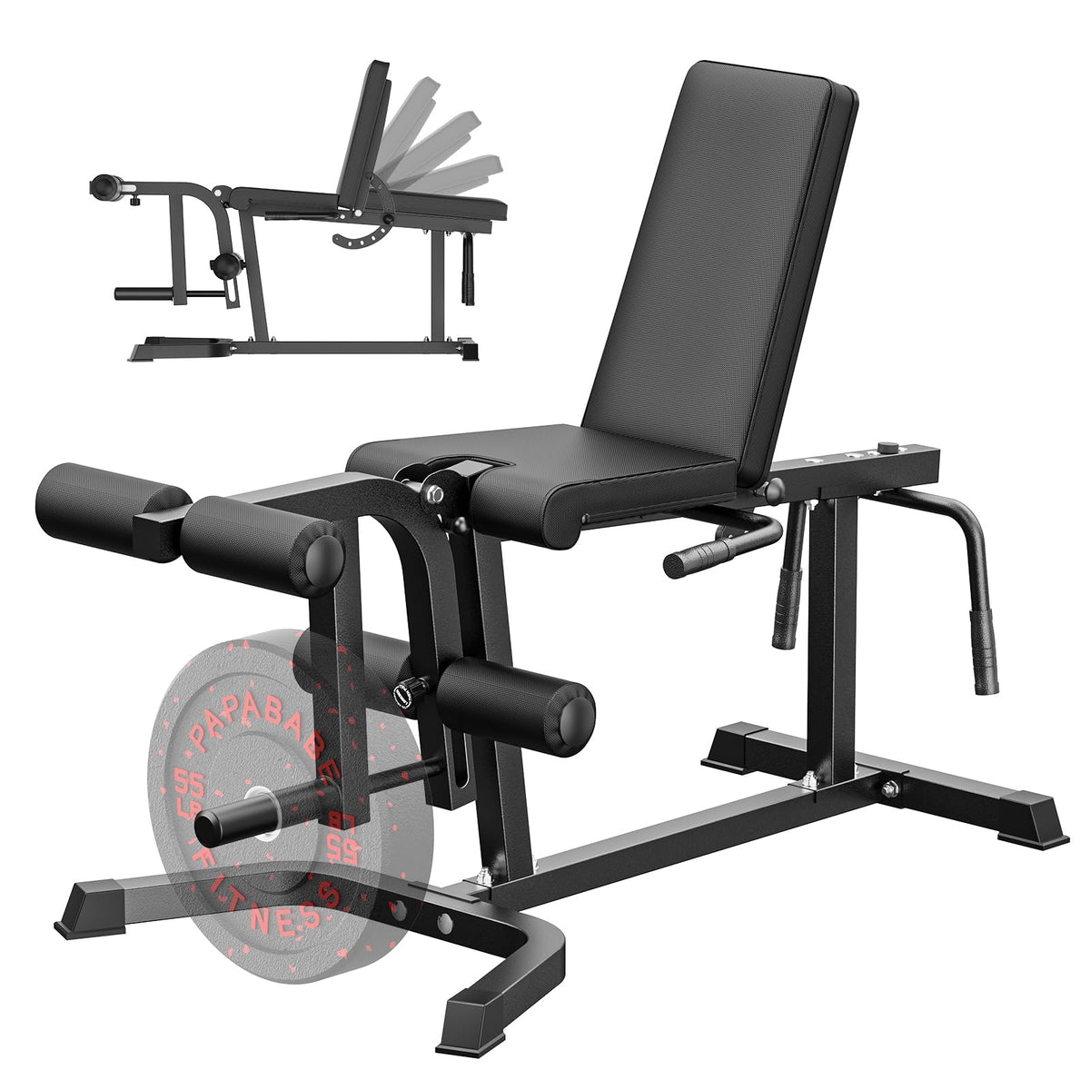 PAPABABE Leg Extension and Curl Machine, Adjustable Leg Machine, Seated Leg Extension and Lying Leg Curl Machine, Lower Body Workout Equipment for Home Gym, Compatible with 1'' and 2'' Weight Plates