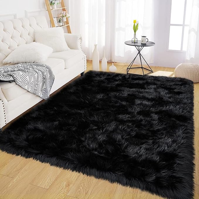 Latepis Area Rug 6x8, Faux Fur Sheepskin Rug for Living Room, Fluffy Washable Rugs for Bedroom, Dorm, Luxury Room Decor, Black Fur Rugs, Rectangle