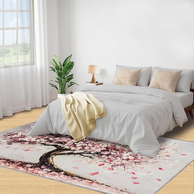 Graffiti Tree Washable Rugs 5x7 Rug for Living Room, Pink Petals 5x7 Rug Oil Painting Art Low-Pile Carpet for Bedroom Dining Non Slip Mat with Rubber Back