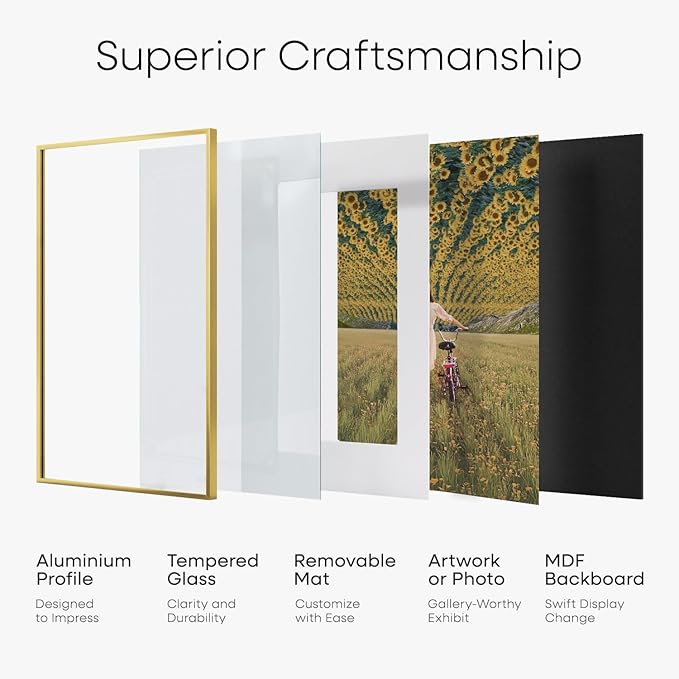 Homeforia A4 Gold Picture Frame, High End Metal 8.3 x 11.7 Frames for Wall or Tabletop, Gold A4 Certificate Frame with Mat A5, 8.3x11.7 Frames Matted to 5.8x8.3 Art, Tempered Glass, Wall Kit, Set of 2