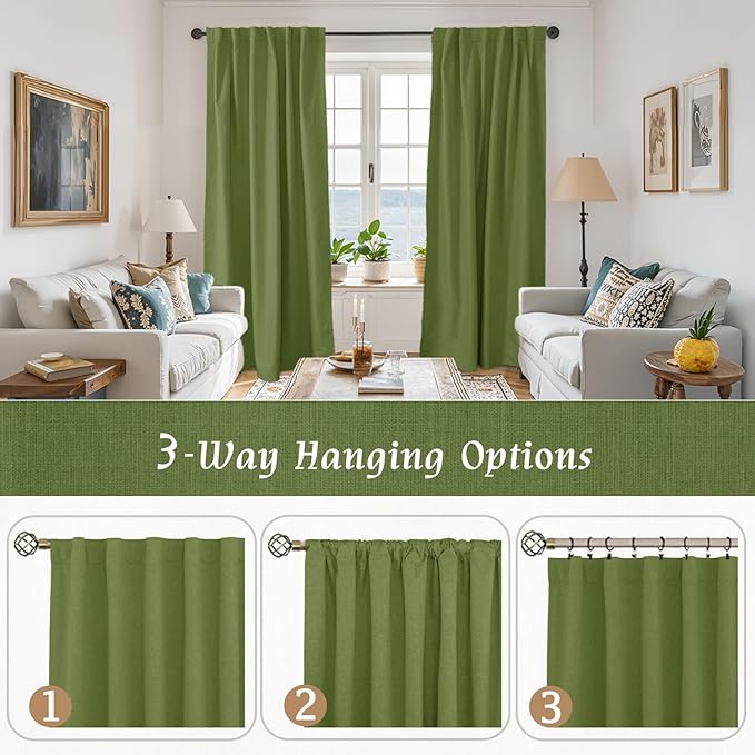 LAMIT Olive Green 100% Blackout Linen Curtains, 80 Inch Linen Textured Living Room Bedroom Drapes Room Darkening Back Tab and Rod Pocket Christmas Panels with White Liner, 2 Panels, 52 x 80 Inch