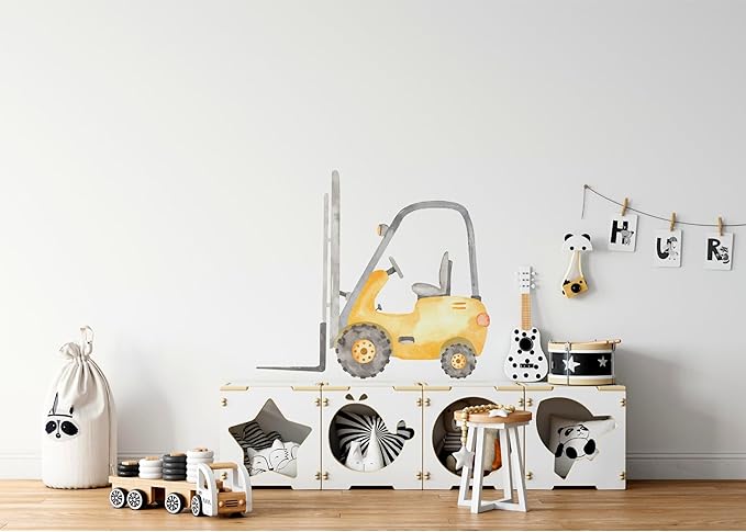 Construction Forklift Wall Decal for Boys Room, Lift Truck Construction Eqipment Peel Stick Removable Fabric Wall Sticker, Nursery or Playroom Decor, Repositionable (24 inch: 21" Tall x 24" Wide)
