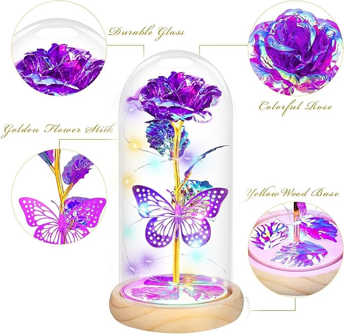 Valentines Day Rose Gifts for Her,Valentines Day Flowers Gifts for Mom Women Girlfriend,Birthday Gifts for Women,Valentines Gifts for Wife,Purple Butterfly Rose Gifts for Valentine's Day Anniversary