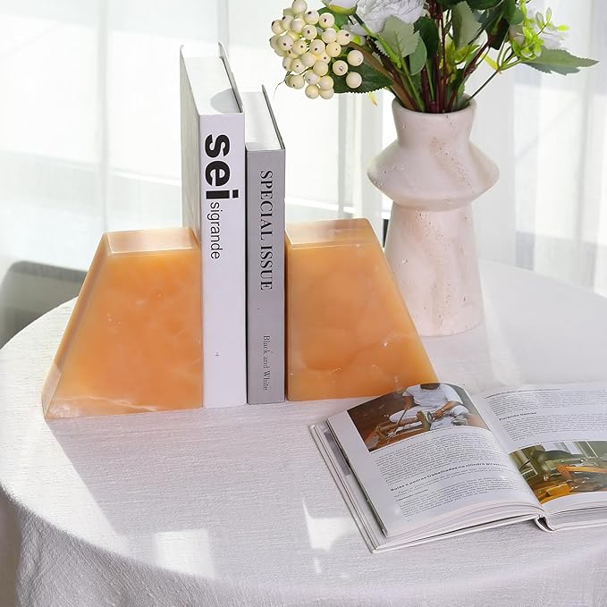 Onyx Book Ends Decorative, Unique Bookends for Shelves,8LB Bookends to Hold Heavy Books Durable Book Holder Stopper for Home Office Desk Bookshelf Decoration, Set of 2, Mexico Onyx