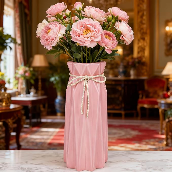 Ceramic Flower Vase Modern Home Decor Vases for Centerpieces Pink Minimalist Farmhouse 9.5" H x 3.9" W Cute Decorative Vases Flowers Tulip Pampas Grass Vase for Table Bathroom Shelf