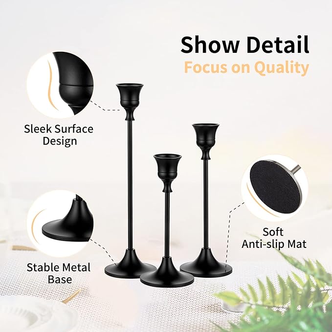Nuptio Black Candle Holder Candlestick Holders 15 Pcs Candle Sticks Holder Metal Tapered Candle Holder, Taper Candle Holders for Wedding Christmas Party Celebration Mantel Dinner Home Decoration