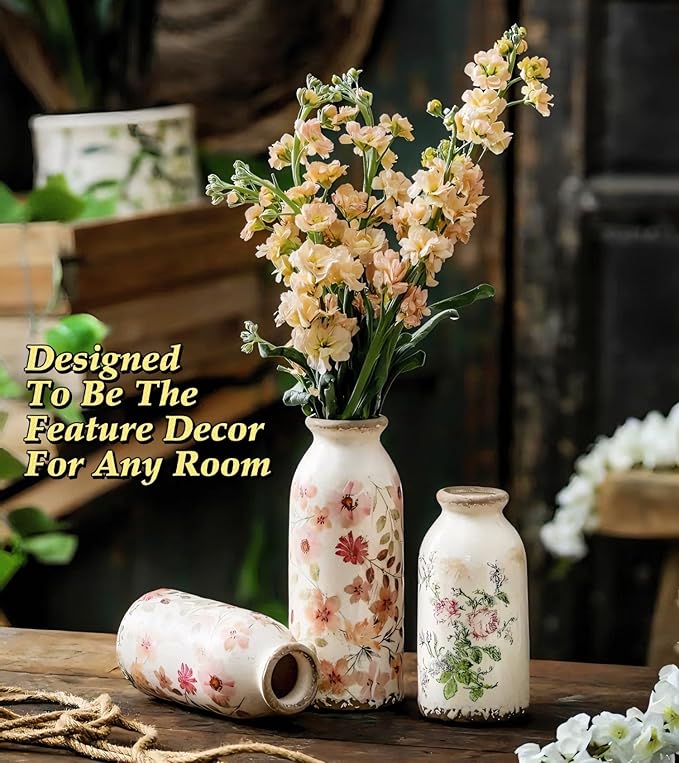 Vintage Flora Ceramic Vase Set, Retro Rustic Cute Vase Gift, Art Decorative Vase for Your Home, Kitchen, Bedroom, Office, Living Room, Bathroom, & Shelf Centerpiece Table Decorations