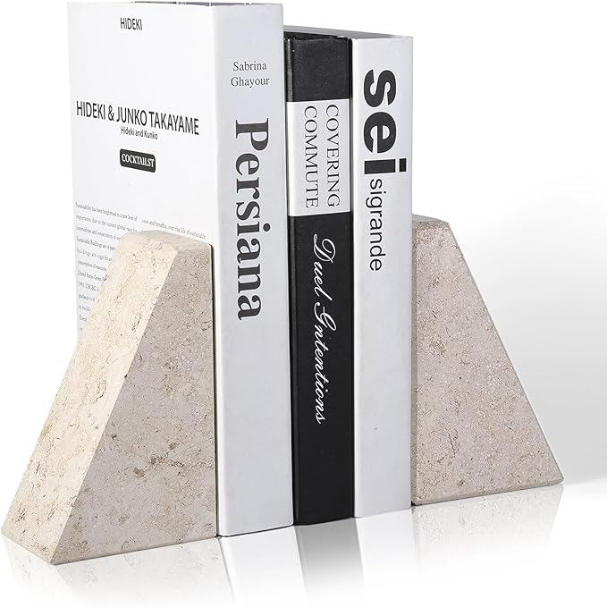 Marble Bookends for Heavy Books, Decorative Book Ends for Shelves, Beige Stone Durable and Heavy-Duty Book Ends for Hardback Books & CDS, Unique Book Stopper & Holder, Set of 2