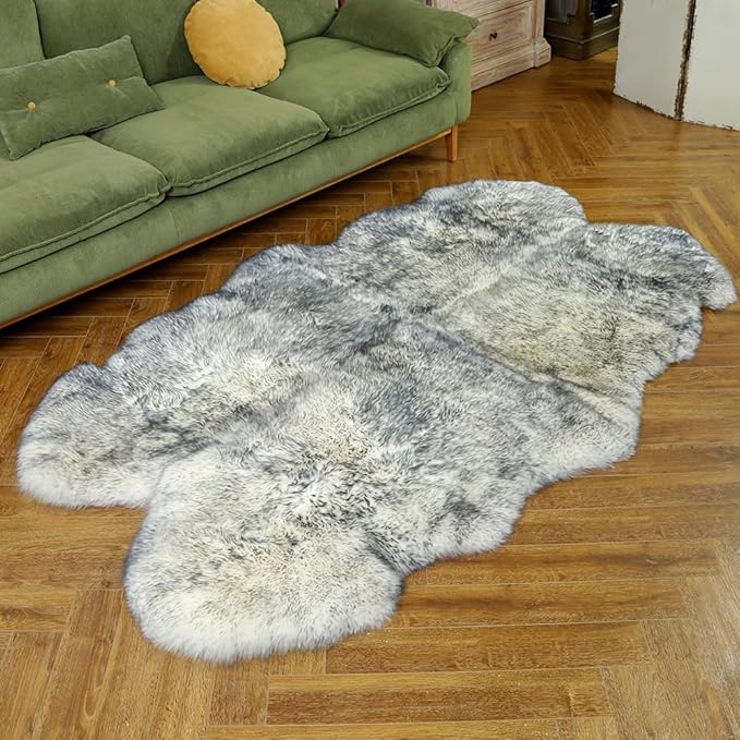 Premium Genuine Fur Sheepskin Rug Real Australia Sheepskin Natural Luxury Fluffy Lambskin Fur Area Rug Seat Covers for Kids Bedroom Sofa Chair Cover (Gray Tip, 4ft x 6ft) …