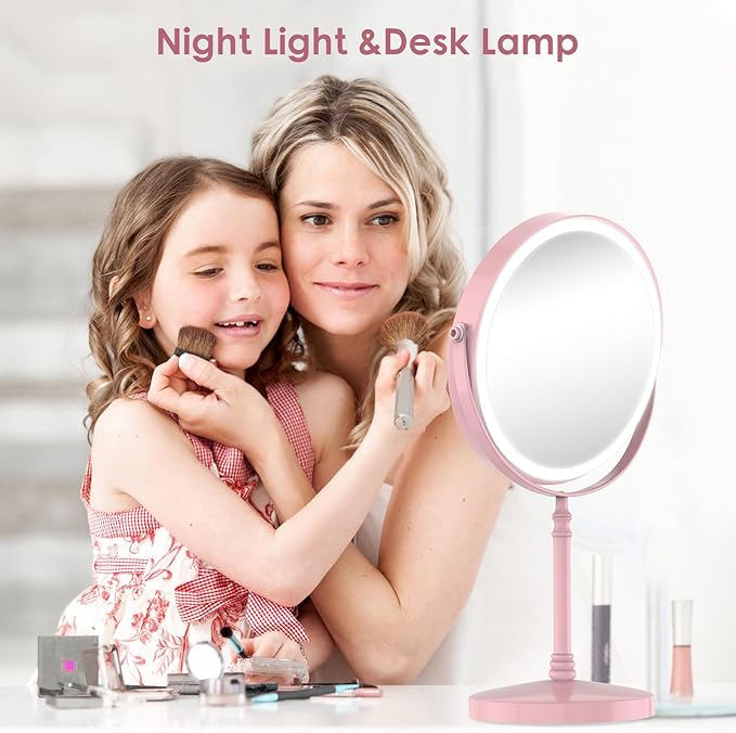 Lighted Makeup Mirror, 3000 mAh Rechargeable Double Sided Magnifying Vanity Mirror with 3 Colors, 1x/10x, 360° Rotation , Brightness Adjustable Magnification Cosmetic Light up Mirror, Women Gift