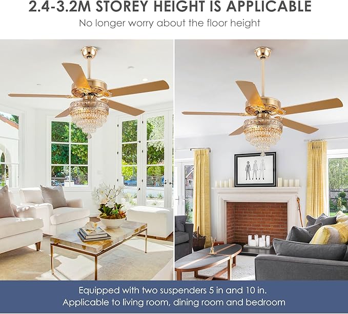 Crystal Ceiling Fan Fandelier with Lights - 52" Modern Outdoor Fans with Remote Control,Noiseless AC Motor, Retro/Farmhouse Lighting, Dining Room,Living Room (Gold