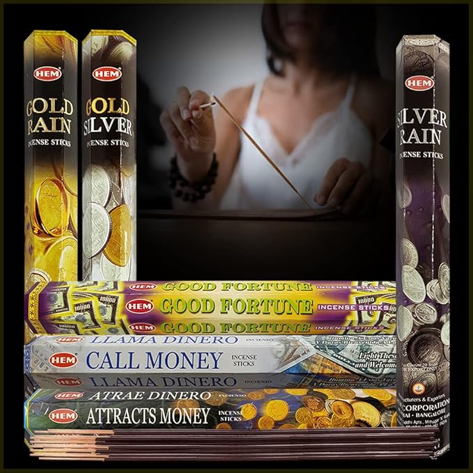 Hem Incense Sticks Variety Pack #29 and Incense Stick Holder Bundle with 6 Money and Good Luck Fragrances
