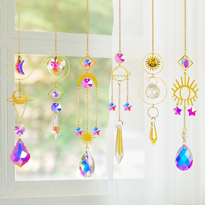 Sun Catchers 6Pieces Colorful Crystals Suncatcher with Chain Pendant Ornaments Hanging Crystals Prism Rainbow for Window Home Indoor Outdoor Car Mirror Garden Christmas Day Party