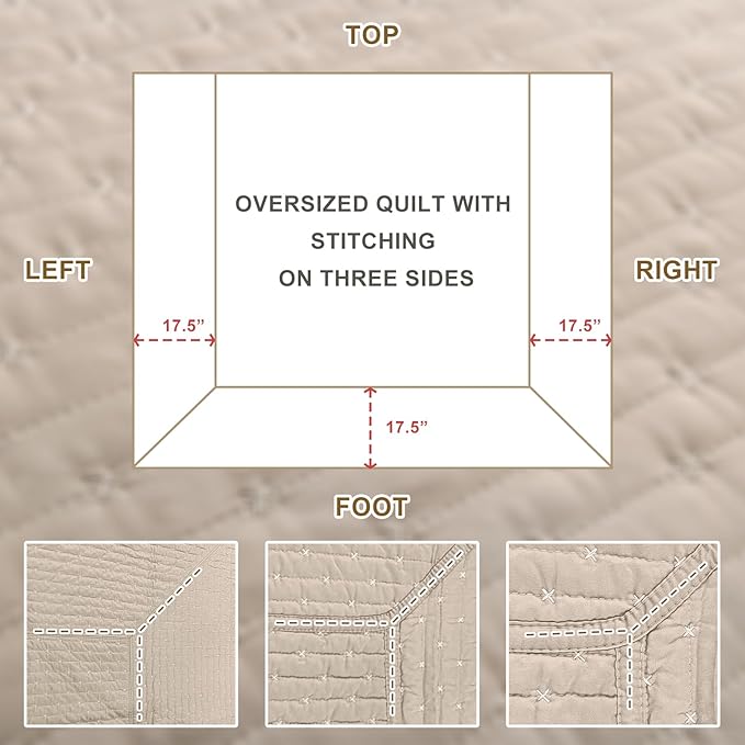 Sanracie Oversized King Quilt Bedspreads 128"x120" for Extra Bed, 100% Cotton California King Coverlet Quilt Set Linen Colored 3Pcs Lightweight Extra Large King Bed Quilt for All Season