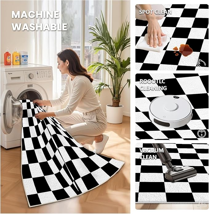 Black and White Checkered Rug for Living Room, 7x10 Area Rugs, Checkered Area Rug, Geometric Plaid Large Rugs, Washable Non Slip Retro Carpet Home Floor Decor