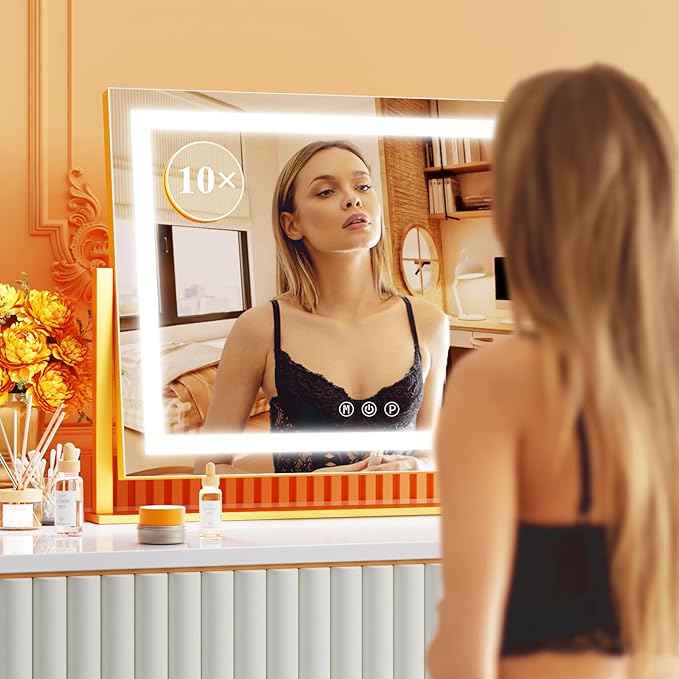 Lighted Makeup Mirror, 17.3"x13" Hollywood Vanity Mirror with Lights, Three Color Lighting Modes, and 5X Magnification Mirror, Smart Touch Control, 360°Rotation (Gold,17.3in Gift Box)