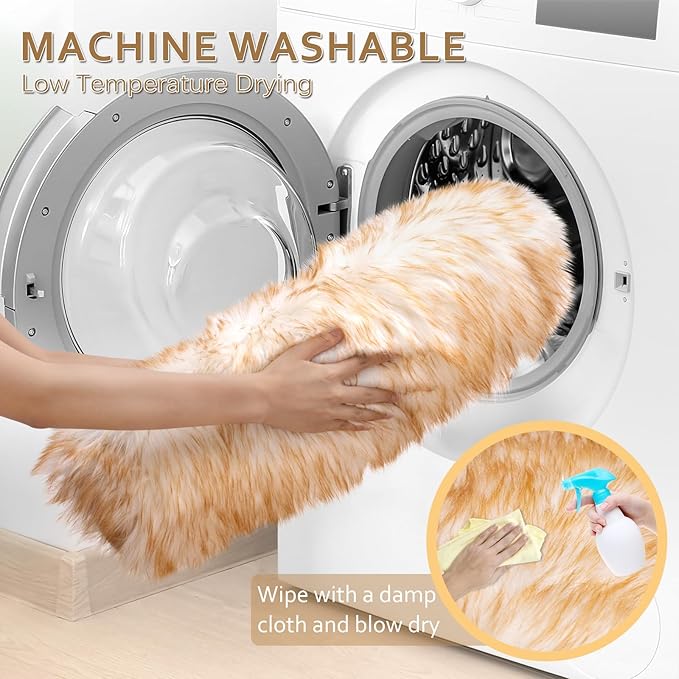 Ciicool Faux Sheepskin Rugs Soft Faux Fur Rug White Gradient Brown Fluffy Chair Couch Cover Fuzzy Carpet for Bedroom Floor Sofa Living Room 2x3 Feet