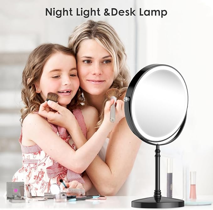 Lighted Makeup Mirror, 3000 mAh Rechargeable Double Sided Magnifying Vanity Mirror with 3 Colors, 1x/10x, 360° Rotation , Brightness Adjustable Magnification Cosmetic Light up Mirror, Women Gift