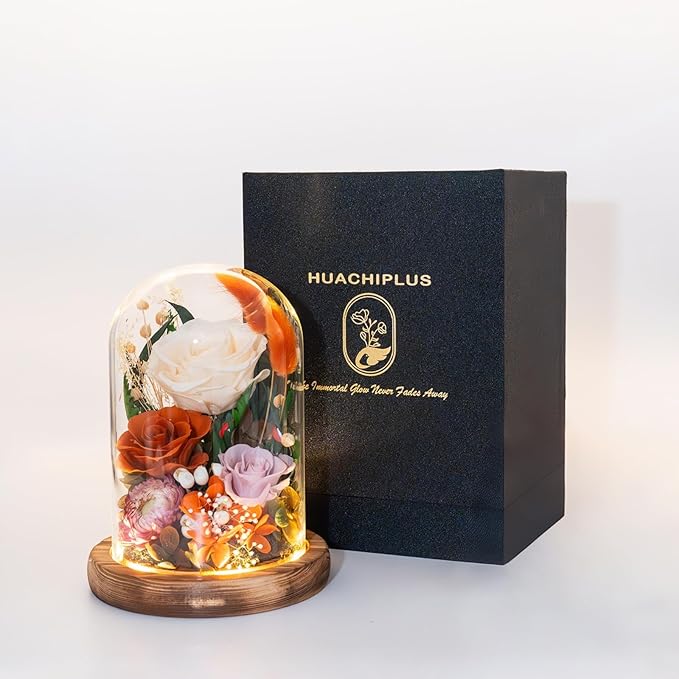 Forever Flowers with Symbolic Ladybugs: Preserved Flowers Gift for Women-Romantic Table Centerpiece-Valentines, Anniversary, Mom Gifts for Her-Flowers for Delivery Prime (Orange)