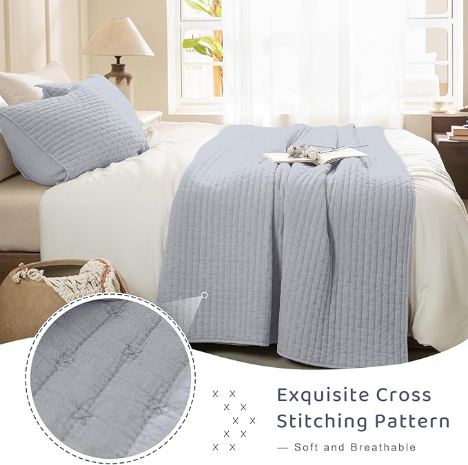 Sanracie Cotton Oversized King Bedspread(128"x120"), Cornflower Blue Soft Stonewashed Extra Large Wide Oversized Quilt Set Cross Stitch Lightweight Crinkle Coverlet Set 3Pcs for All Season
