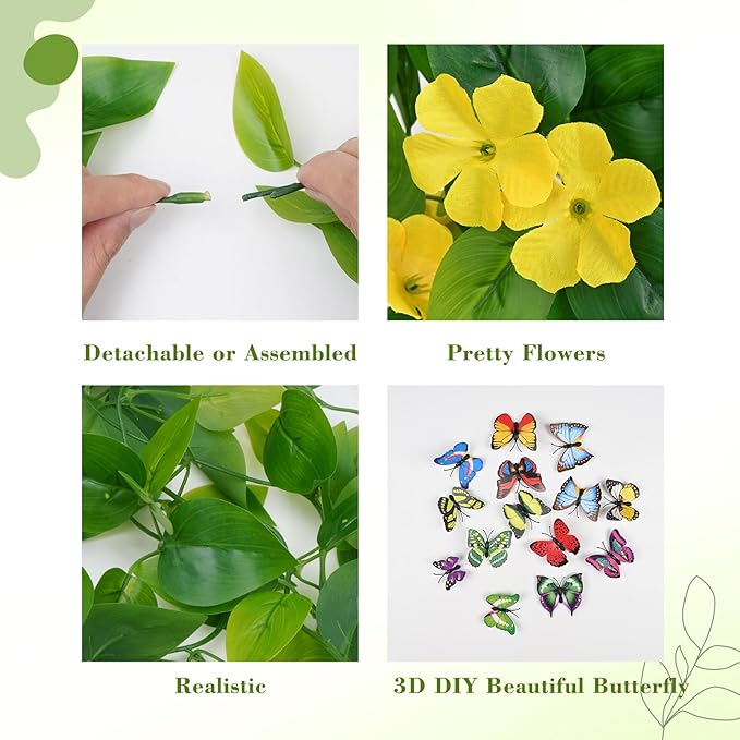 BLEUM CADE Artificial Hanging Flowers for Outdoors, 4pcs Fake Hanging Plants Pothos Vines with Yellow Flowers for Wall Home Living Room Indoor Outdoor Decor (No Baskets)