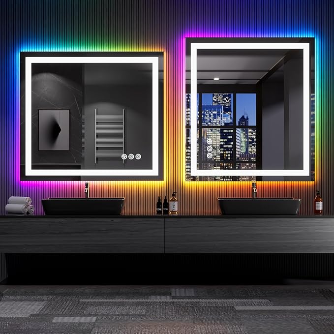 LOAAO 40"X36" LED Bathroom Mirror with Lights, Anti-Fog, Dimmable, RGB Backlit + Front Lighted, Bathroom Vanity Mirror for Wall, Memory Function, Waterproof, Tempered Glass