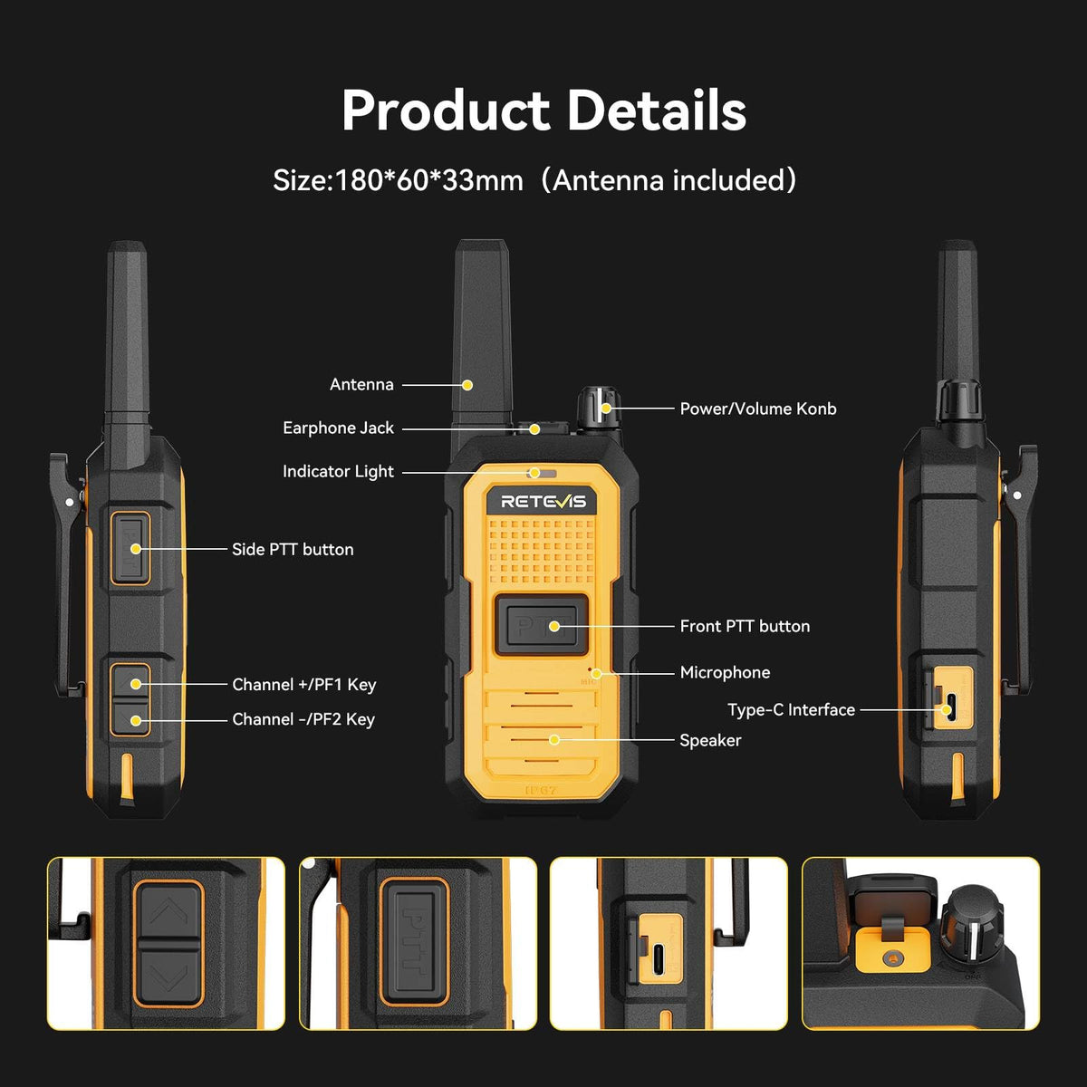 Retevis RB48A Heavy-Duty Waterproof Walkie Talkies, Rugged & Shockproof Two Way Radios Long Range, IP67, Noise Reduction, Oversized Front PTT, 23-Hour Battery, Antenna ID Rings, NOAA (4 Pack)
