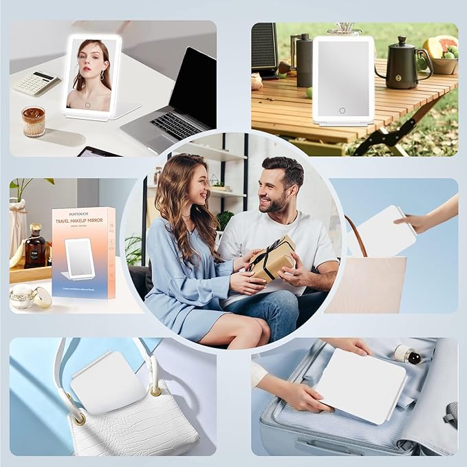 FUNTOUCH Rechargeable Travel Makeup Mirror with 72 Led Lights, Portable Lighted Beauty Mirror, 3 Color Lighting, Dimmable Touch Screen, Tabletop LED Folding Cosmetic Vanity Mirror