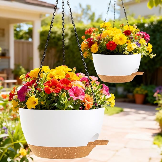 12 Inch Hanging Baskets 2 PC with Chains, Self-Watering Hanging Planters for Indoor Outdoor Plants, Plastic Hanging Flower Pots,White Brown