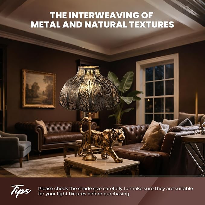 ALUCSET Octagonal Large Lampshade, Lotus Shaped Etched Forest Metal Lamp Shade Replacement for Table and Floor Light Cover, Antique Bronze and Gold, 6" Top x 17" Bottom x 11" High Large Lampshades