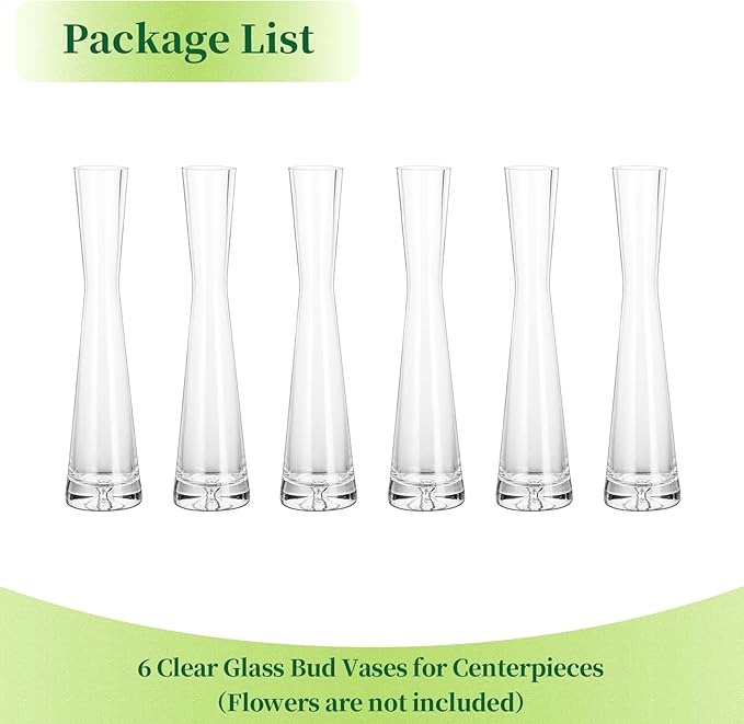 Hewory Glass Bud Vases for Centerpieces Set of 6, Handmade Modern Clear Small Skinny Decorative Single Flower Vase, Minimalist Slim Floral Vase for Home Wedding Party Events Table Decor, 9.64"