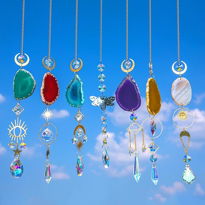 7 PCS Crystal Suncatcher, Hanging Suncatchers with Crystals Light, Sun Catchers Indoor Window Catcher with Prism Pendants Agate Slices,Tree of Life Crystal Suncatchers Indoor Outdoor Home Garden Decor