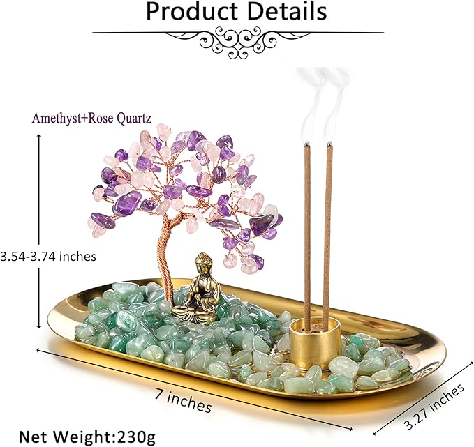 Jovivi Crystal Incense Holder for Sticks, Mixed Healing Crystal Stone Money Tree Buddha Statue Set Incense Burner, Incense Trays for Wealth, Good Luck,Yoga Meditation Home Decor