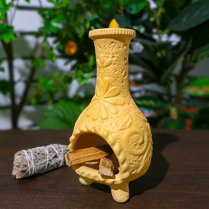 Yellow Floral Reliefs Palo Santo Burner Holder-Mexican Mini Chiminea Inspired,Chimney for Smudging Sage/Incense Cones/Sticks for Altar/Zen Rituals, Handmade Decor for Witchcraft Supplies