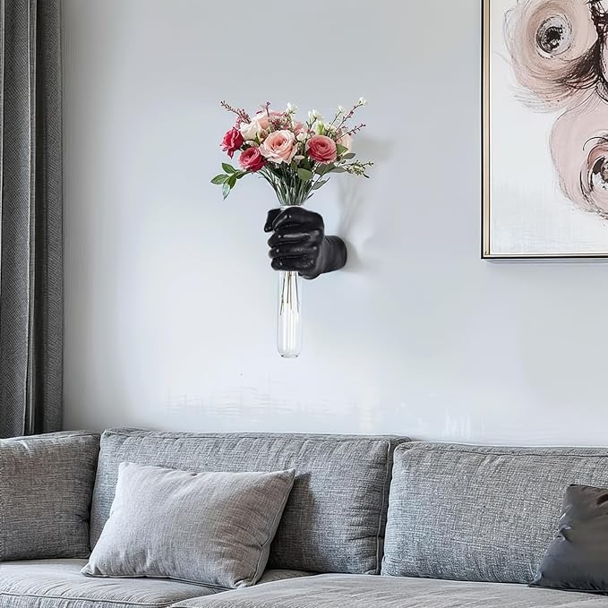 Black Hand Vase Wall Decor - Funky Art, Hand Sculpture Planter, Esculturas de Pared, Macetas para Pared, Flower Tubes, Test Tubes for Plants, Gothic Bedroom Wall Art, Mounted Vase Hanging Decor