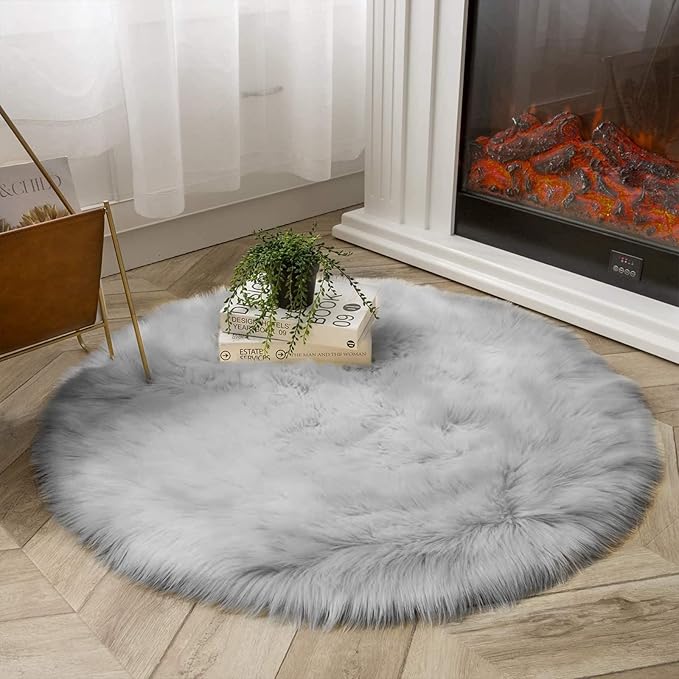 Latepis Round 3ft Small Fur Rug Grey Fluffy Faux Sheepskin Cute Circle Rugs for Bedroom Washable Furry Rug Home Décor