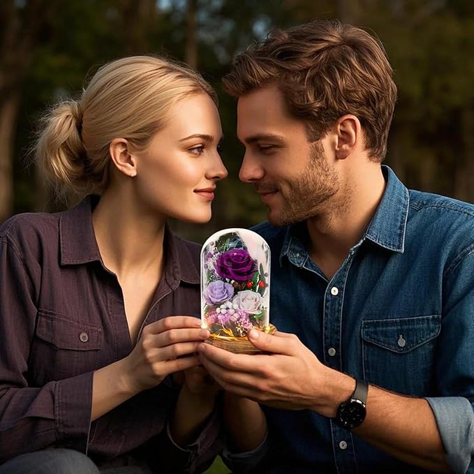 Forever Flowers with Symbolic Ladybugs: Preserved Flowers Gift for Women-Romantic Table Centerpiece-Valentines, Anniversary, Mothers Gifts for Her-Flowers for Delivery Prime (Purple)
