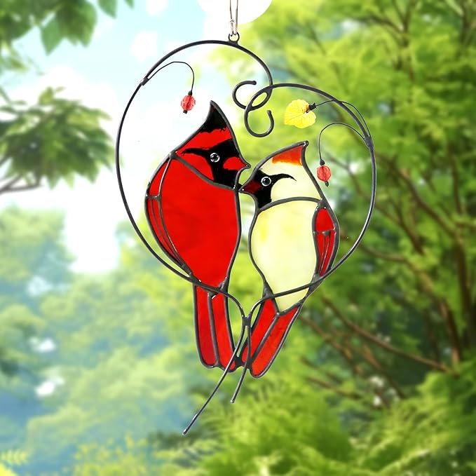 Cardinal Suncatcher Stained Glass for Window Hanging,Cardinal Gifts for Women,Red Birds Sun Catchers Christmas Decoration for Windows,Best Gift for Mom,Memorial Gifts for Birds Lover