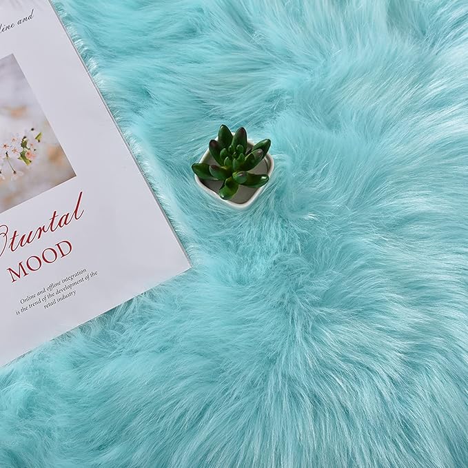 Latepis Light Blue Small Fluffy Rugs 2x3 Teal Faux Sheepskin Fur Rug for Bedroom Cute Throw Plush Rug for Cushion Chair Furry Rugs for Home Décor